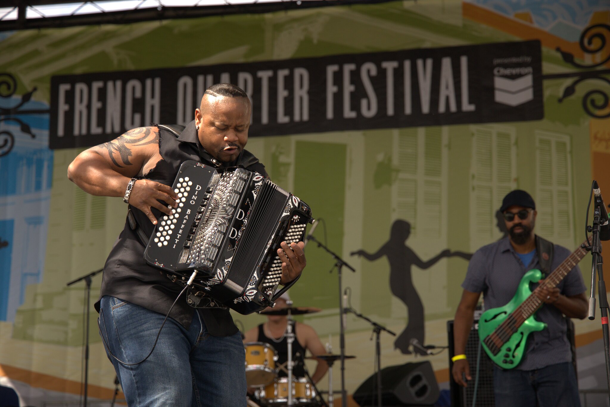 A musician plays the accordion at the French Quarter Festival in New Orleans.